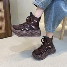 轻便厚底镂空凉鞋高帮罗马鞋女2025春夏款真皮复古擦色松糕跟凉靴