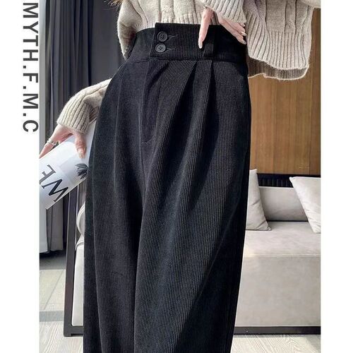 Black Denim Trousers with Wide Leg Design for Plus Size Women, Suitable for Spring, Autumn, and Winter with Fleece Lining, Straight Leg Corduroy Pants for Short Figures