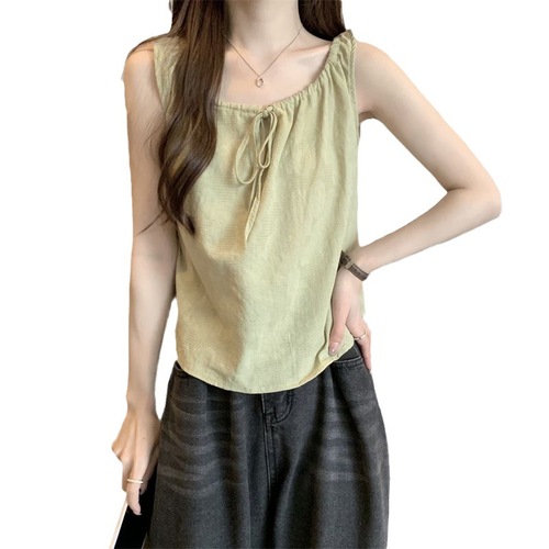 Pure Desire Camisole Sleeveless Vest Women Summer Thin Women's Drawstring Round Neck Slim Fit Short Top Small Shirt Women