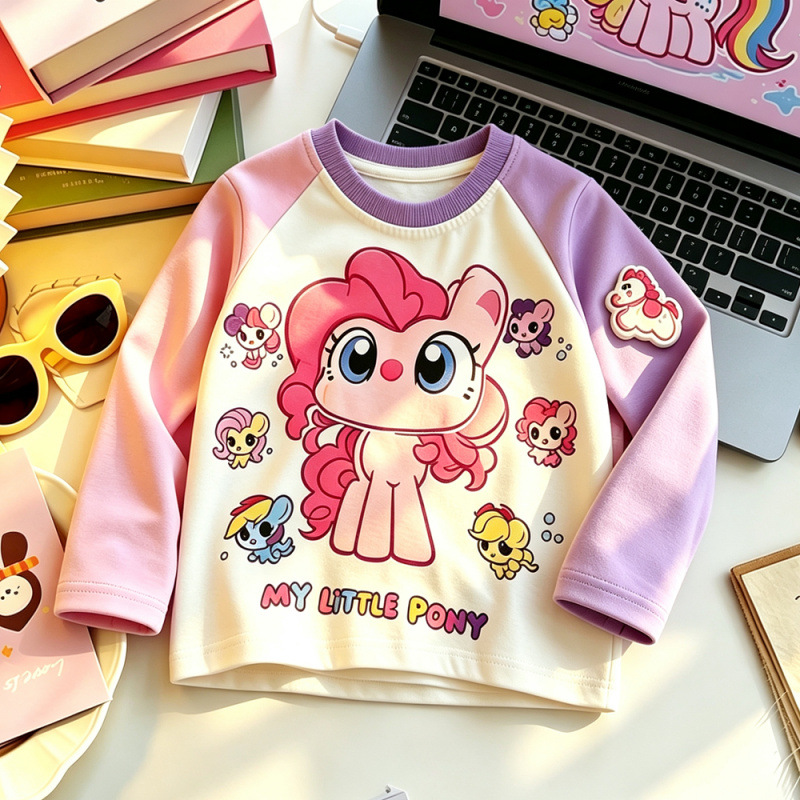 Pink and purple 3D My Little Pony print doll long-sleeved T-shirt, autumn Korean style, cute and versatile children's top.