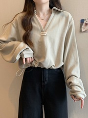 大码设计感小众Polo内搭短款长袖卫衣女秋季胖mm穿搭显瘦薄款上衣