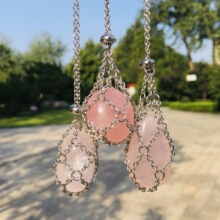 不锈钢O字链可调节金属网兜跨境天然粉晶石头手工编织项链