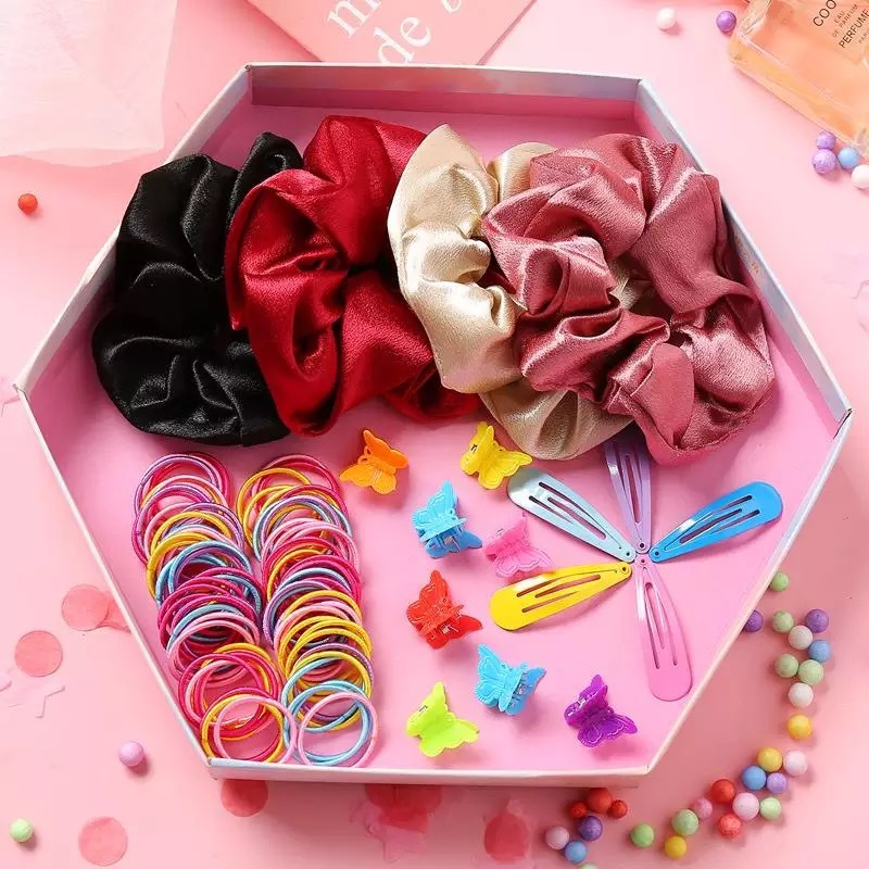 Accesorios para el cabello combinación traje banda de goma horquilla simple cuerda de pelo femenino satén color sólido cerdo intestino grueso anillo de pelo tocado de mariposa