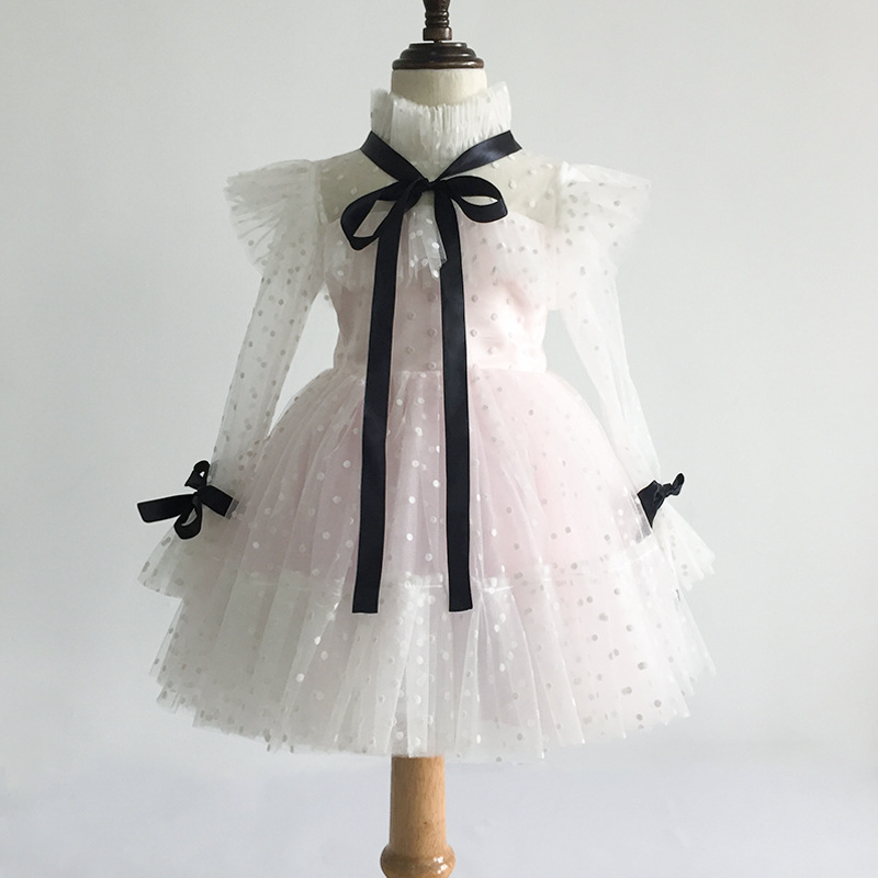 Nuevo Comercio exterior vestido de novia para niños europeos y americanos malla de manga larga para niñas Rendimiento De Cumpleaños princesa vestido MIDI verano