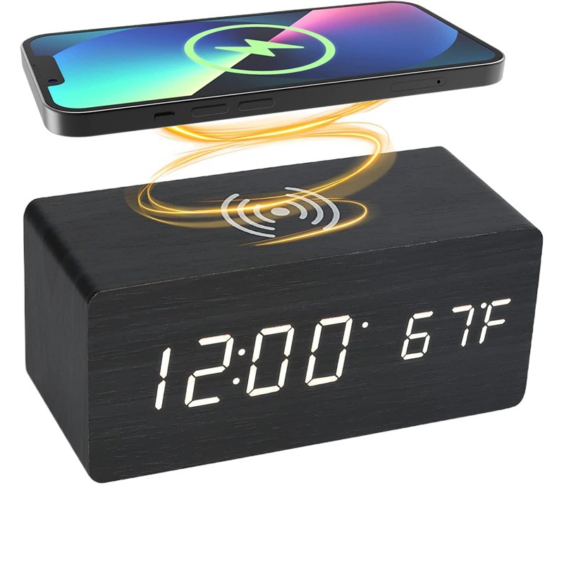 Reloj Despertador Electrónico LED Multifuncional Transfronterizo, Específico para Estudiantes, Reloj Digital de Escritorio, Carga Inalámbrica, Reloj de Madera