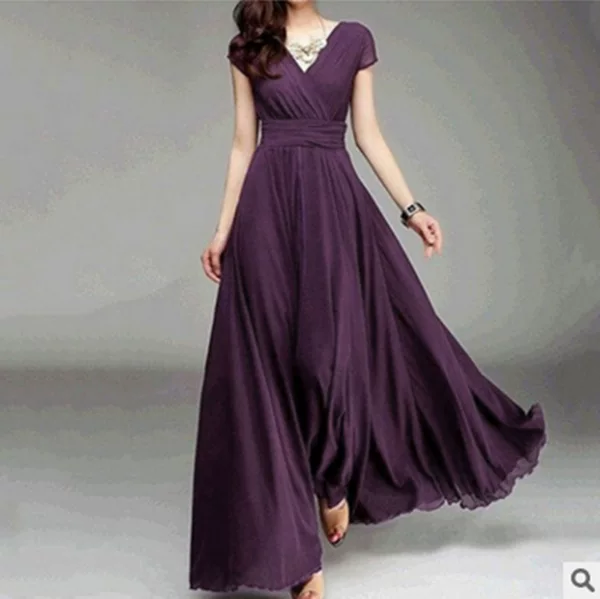 2025 Cross-Border Amazon European and American V-Neck Short-Sleeve Bohemian Chiffon Waist-Cinching Dress with a Large Hem