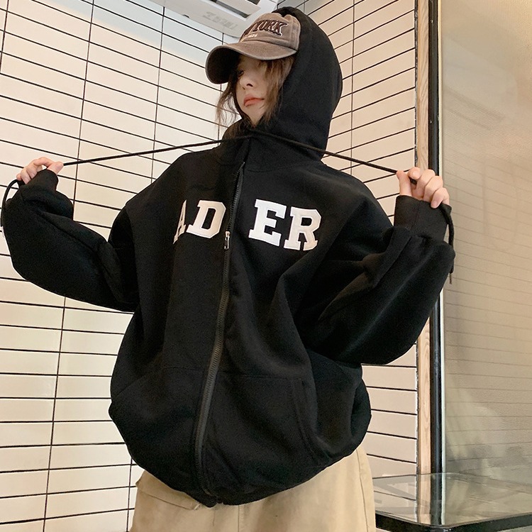 Zipper hooded coat for women Black Winter New wide autumn plus size fleece-lined thick loose hooded cardigan sweater for female students