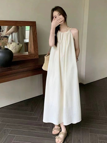 French suspender dress fairy summer sweet small fresh white dress seaside a-line loose sleeveless long dress