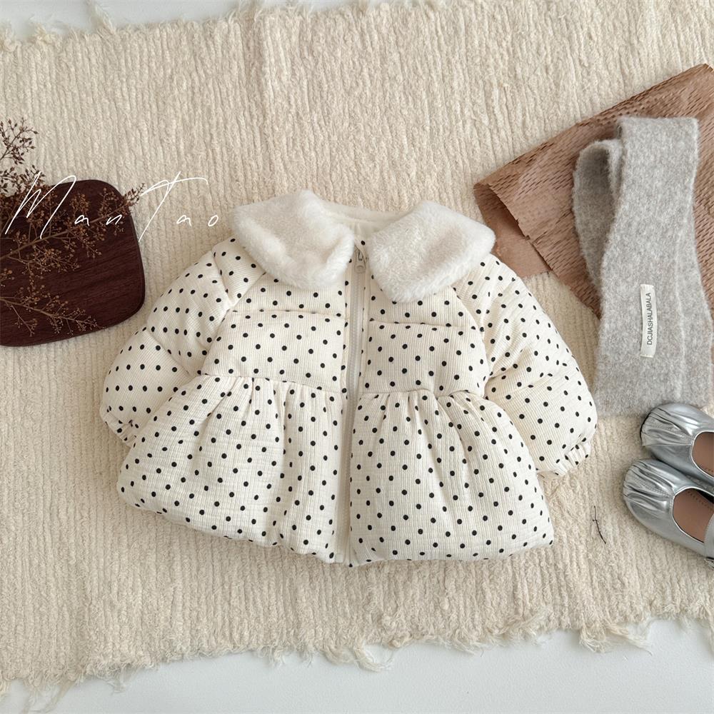 2024 invierno abrigo coreano para bebés y niños pequeños lindo vestido de salida de lunares para niñas chaqueta de algodón de gas extranjero grueso y cálido