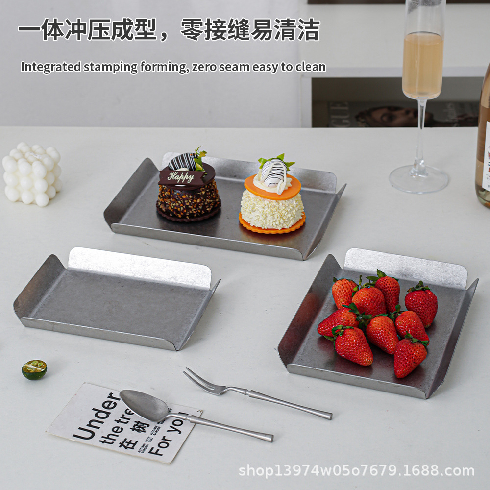 Striped Square 304 Snowflake Gray Stainless Steel Box Dessert Plate Dessert Tableware Catering Hotel Baking Snack Plate