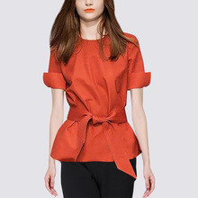 魅斑欧美范气质橘红色短袖衬衫2021年夏季新款时髦百搭女士上衣潮