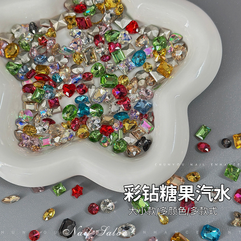 Nail Art Colorful Rhinestones Trending Candy Soda Sparkling K9 Rhinestones Pointed Bottom Irregular Rhinestones Mixed Nail Decorations