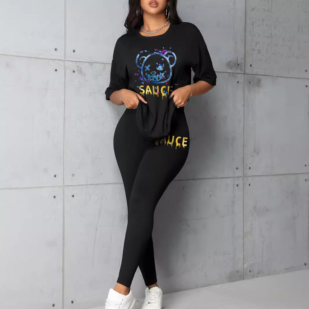 Women's Plus Size Matching Set Letter & Bear Print Top & Long Pants Stylish Versatile Summer Clothing Ensemble_voghion.com