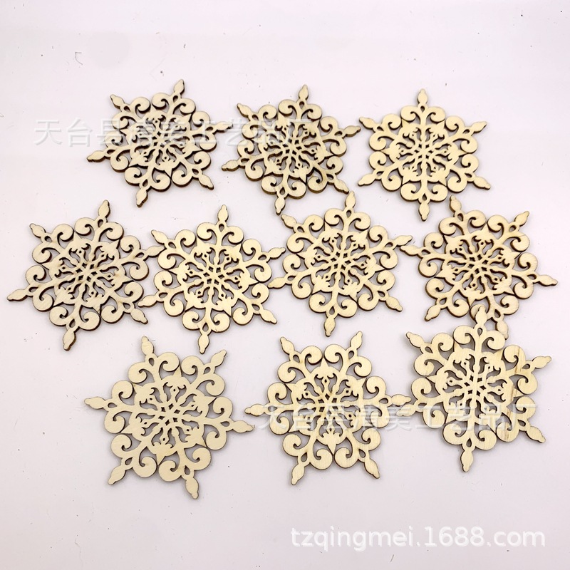 80mm tronco flecha hexagonal copo de nieve hueco hoja de madera decoración Navidad copo de nieve colgante 10 piezas con cuerda de cáñamo