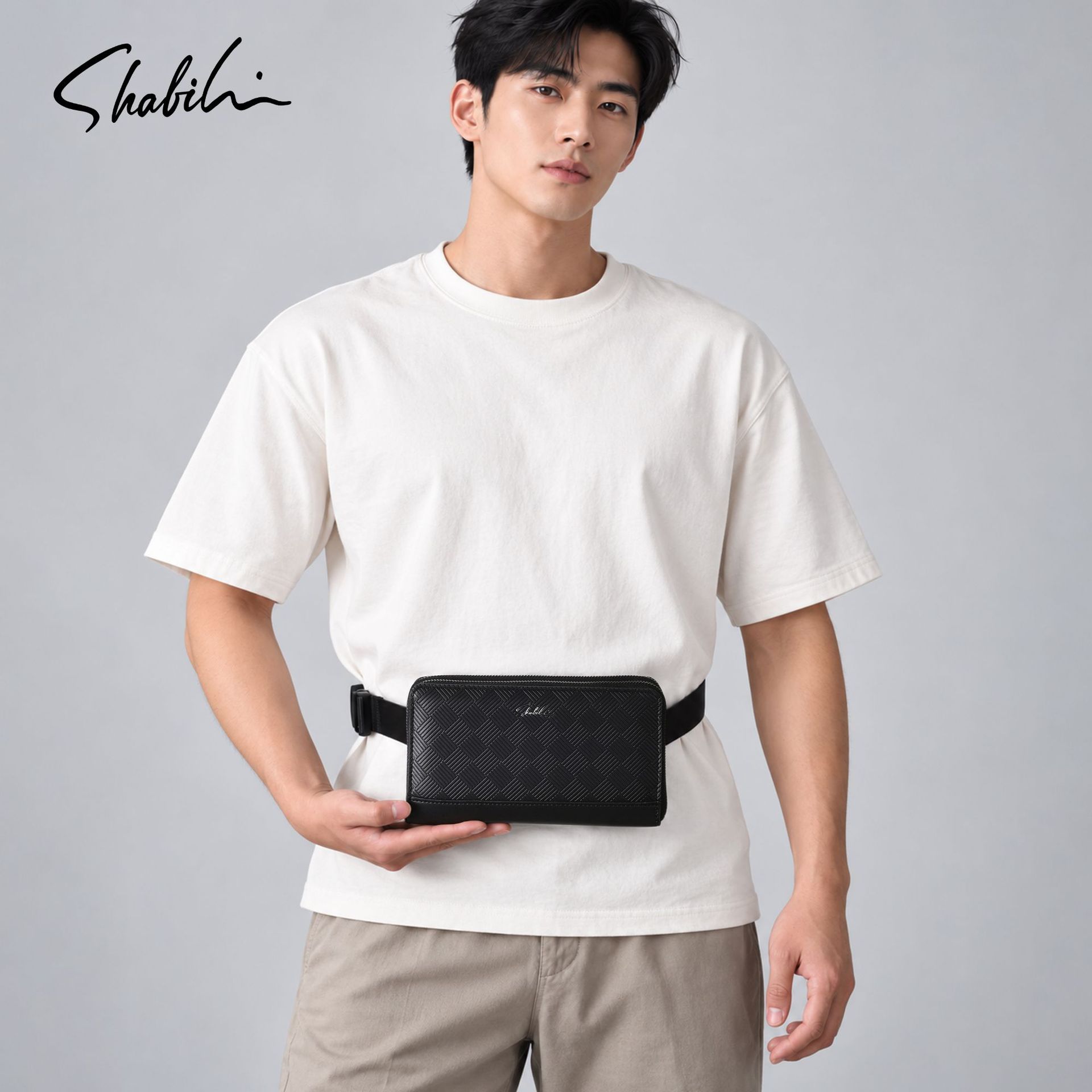 Cross-Border Men's Wallet, Rhombus Pattern Retro Waist Bag, Business Long Zipper Crossbody Bag, Mobile Phone Bag for Work on Construction Sites
