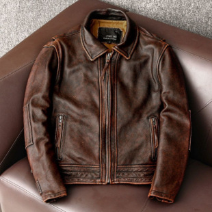 New Retro Distressed Leather Jacket for Men, Ami Khaki Lapel Slim Jacket, Brown Red Motorcycle Trend