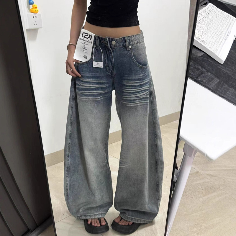浅蓝美式水洗弯刀牛仔裤女2025秋季新款高腰宽松梨形显瘦阔腿裤子|undefined