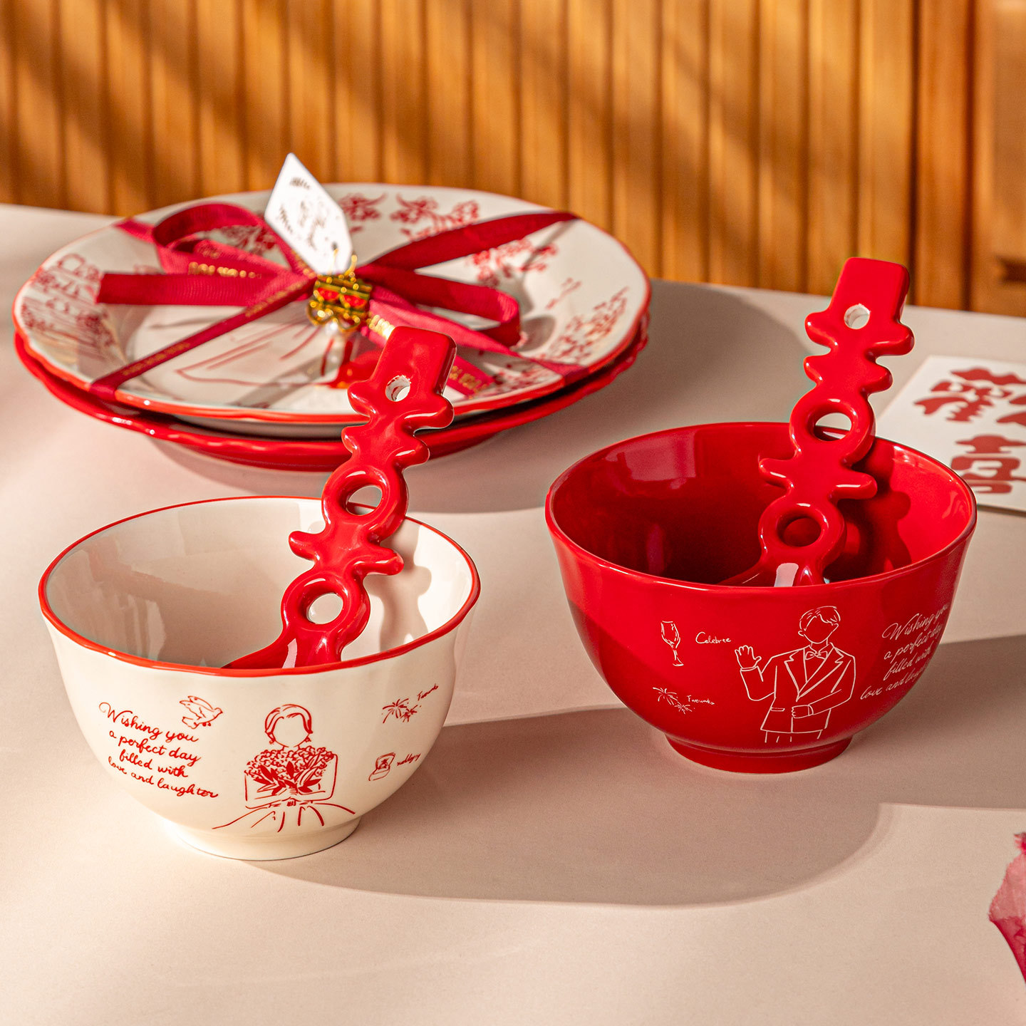 Bozos de boda de alta calidad, platos de fiesta, cubiertos, cajas de regalo, casadas, regalo de mano, cubiertos de cerámica, set de regalo