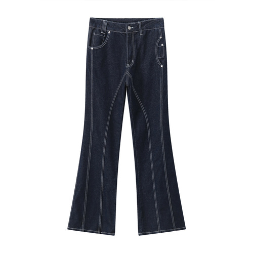Korean INS High-Rise, Niche Design Car-Line High-Waist Denim Jeans for Men – Loose-Fit, Straight-Leg Long Pants in Solid Color, Retro Style