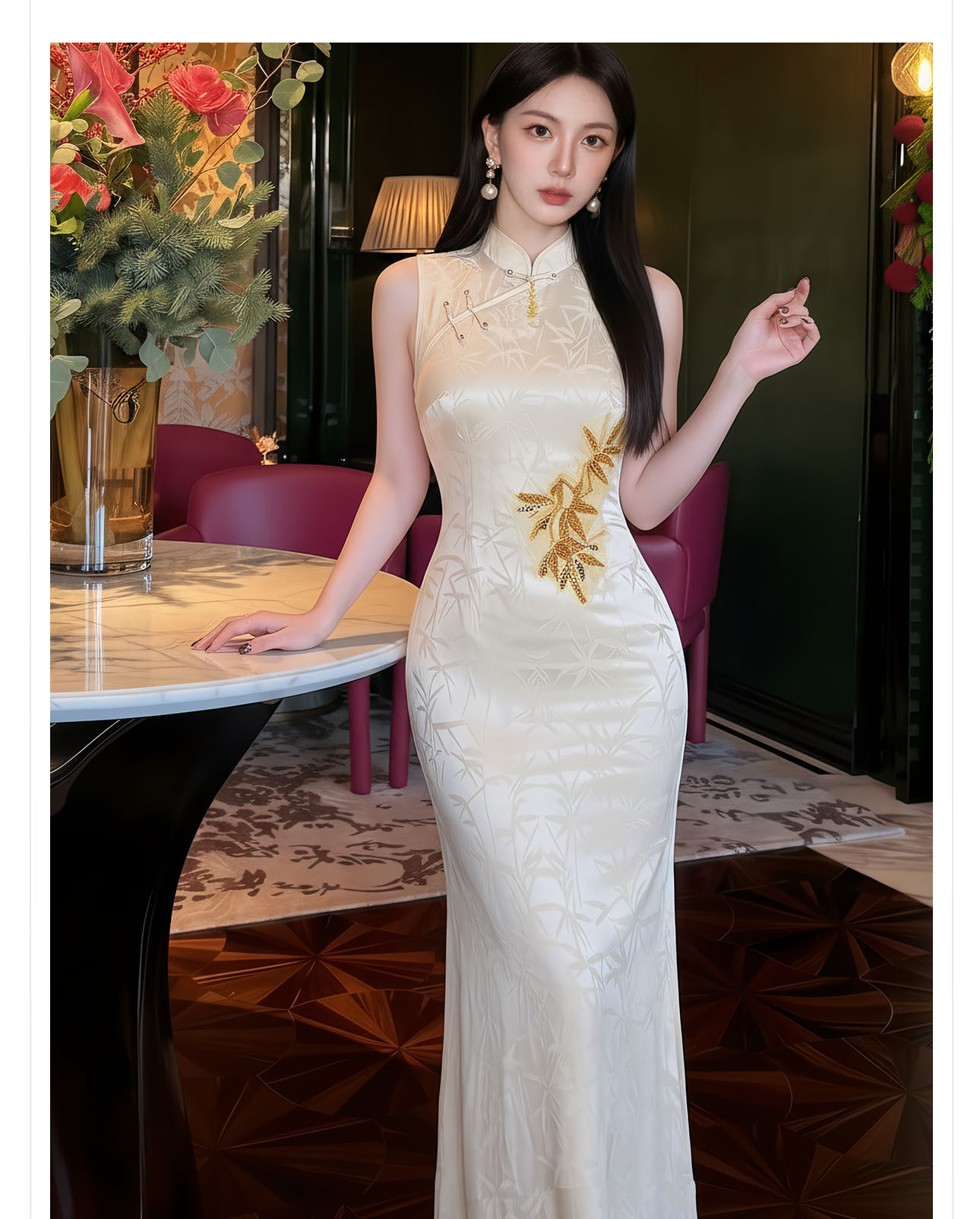 Đầm maxi thắt eo phong cách tân cổ điển họa tiết hoa văn nổi — màu mơ chi tiết 5