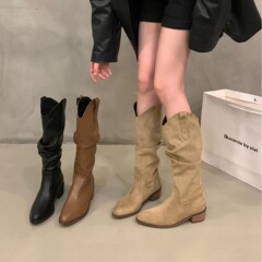 棕色V口长筒靴女2025春季新款粗跟绒面高筒骑士靴爆款西部堆堆靴