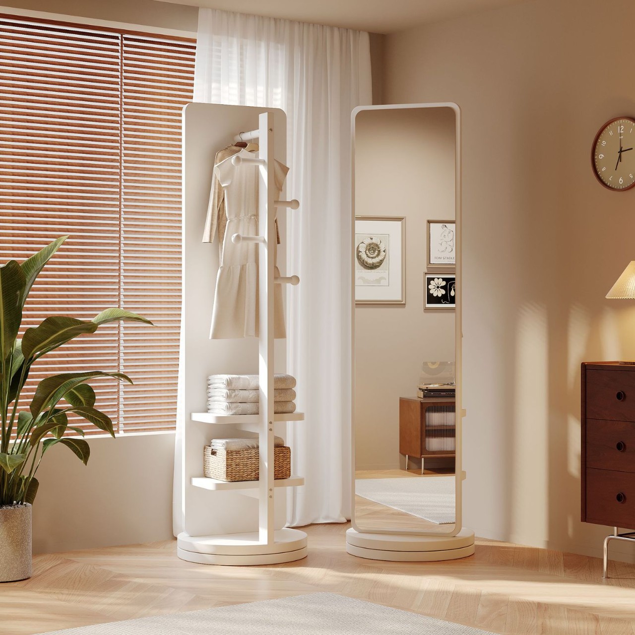 Espejo de cuerpo entero, espejo de piso, espejo de dormitorio para niñas, percha de ropa, espejo de prueba grande giratorio y móvil image 10
