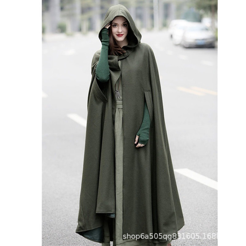 Witch Robe Cape Thin Cloak Hooded Lace-Up Batwing Shirt Extended Coat Women's Coat Retro Style Cape Style