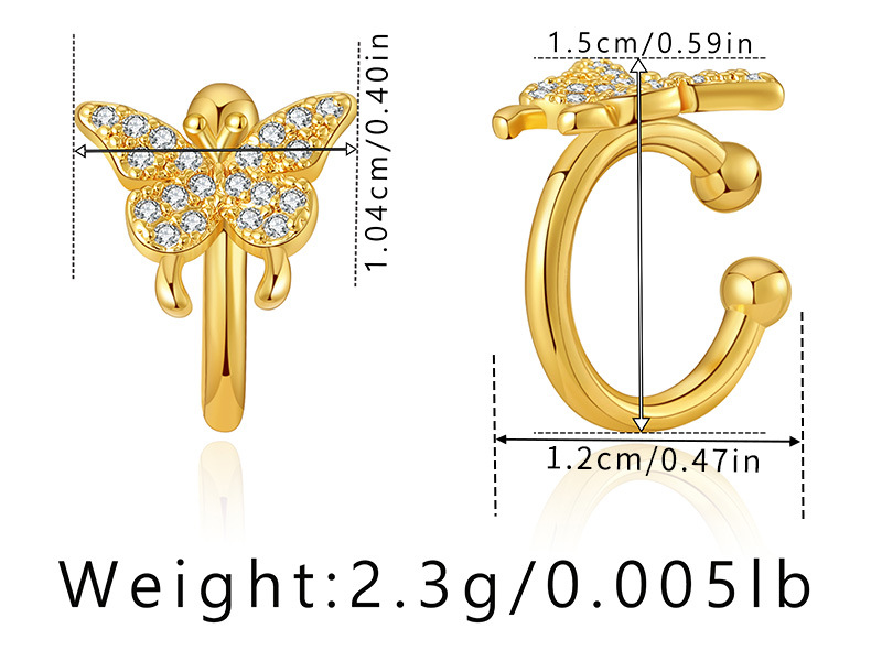 Brass Plated 18K Real Gold Ear Bone Clip Butterfly Animal Design Personalized Ear Clip Zircon Exquisite Small European and American Earrings 12