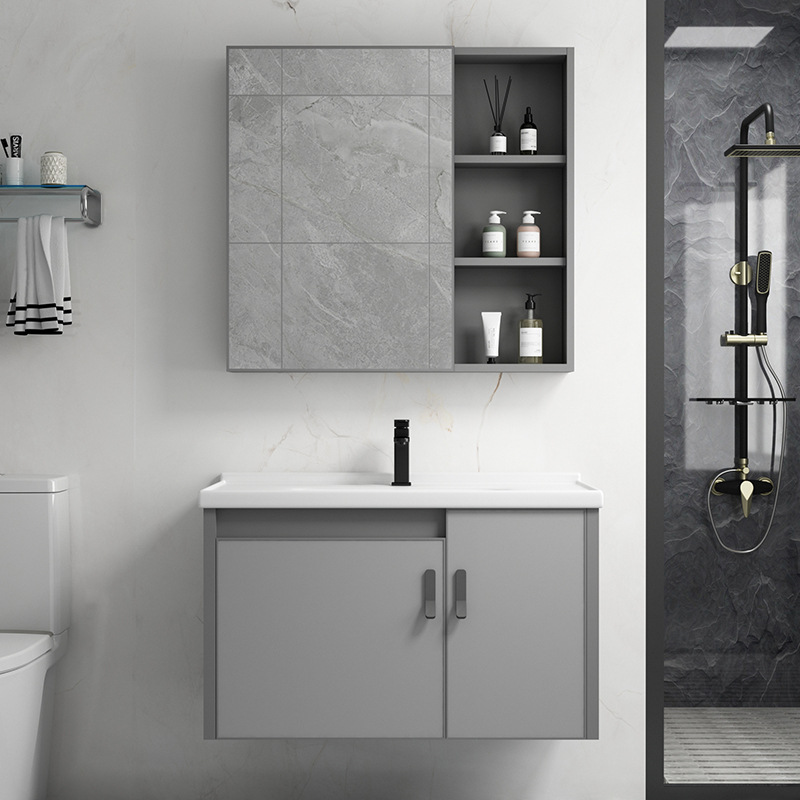 Simple moderno espacio de aluminio gabinete de baño montado en la pared del lavabo gabinete combinación piscina hogar blanco cerámica roca placa cuenca integrada