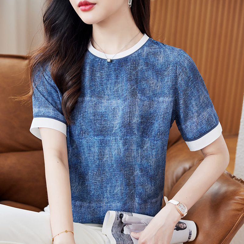 Double Crepe Silk Short-Sleeved Top for Women 2026 Summer New Fashion Printed Round Neck Loose Mulberry Silk Shirt T-Shirt