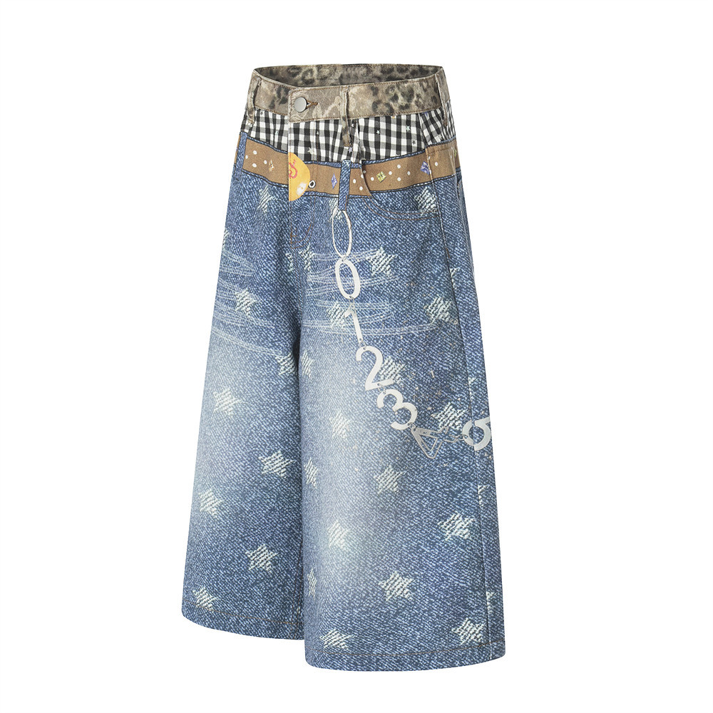 Distressed Denim Shorts For Men With Star Print And Raw Hem_voghion.com