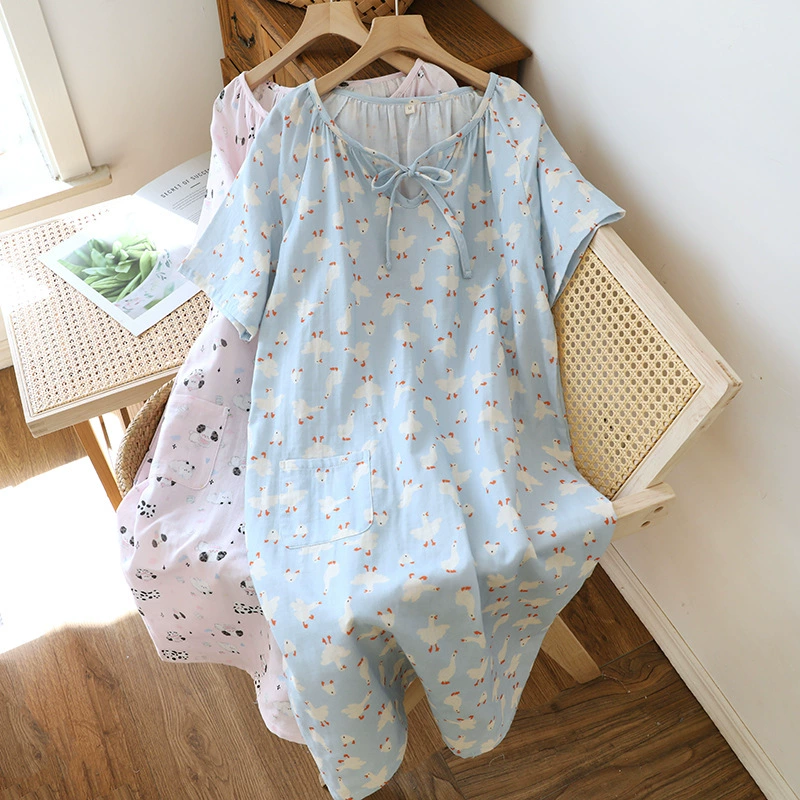 Cotton summer thin pijama, long skirt for elementary school students, dress, with short sleeve, loose fit