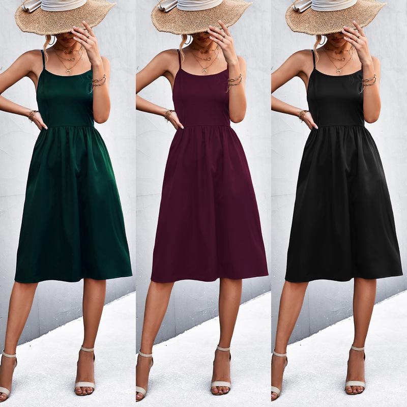 European and American Women's 2022 Spring and Summer New Amazon Independent Station Hot Selling Classic Backless Strap Pocket Dress