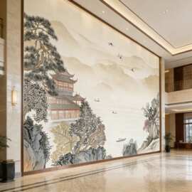 馨图兰格壁画中国风宋氏美学风景画新中式酒店茶室前台背景墙