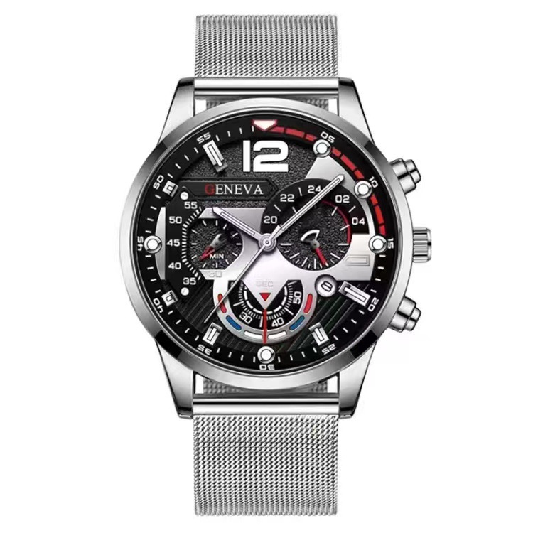 2023 New Business Men's Cross-Border Wholesale Stainless Steel Quartz Watch Three-Eye Mesh Strap Luminous Sports Men's Watch