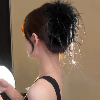 羽毛流苏抓夹女2026鸵鸟毛蓬松显发量发夹后脑勺鲨鱼夹子头饰发卡