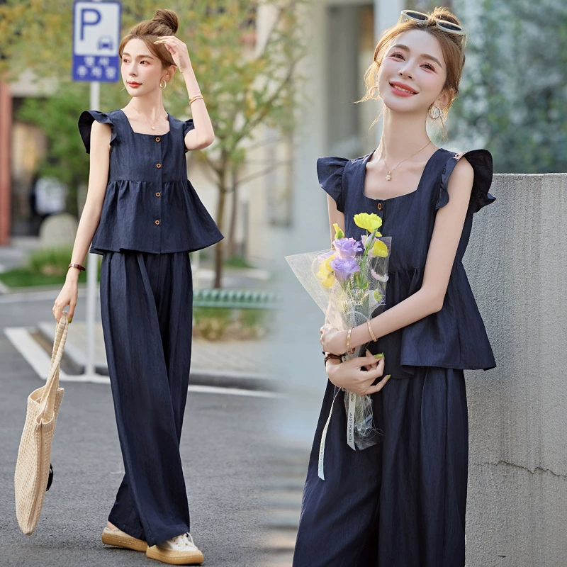 2025 лето новый французский ретро темперамент летающий рукав минус возраст рубашка широкие брюки с тонким джинсовым набором из двух частей