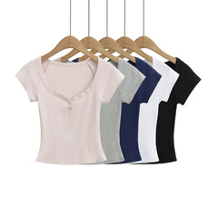25夏の新型女性ギャル純色vネック半袖tシャツ純欲風修身ウエスト弾力ガードル半袖上着