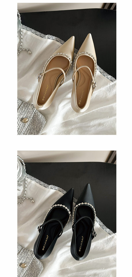 Giày cao gót Mary Jane quai ngang đính đá lụa satin, gót vuông 6–8 cm, mũi nhọn — Màu trắng ngà, Vàng nhạt, màu đen chi tiết 12