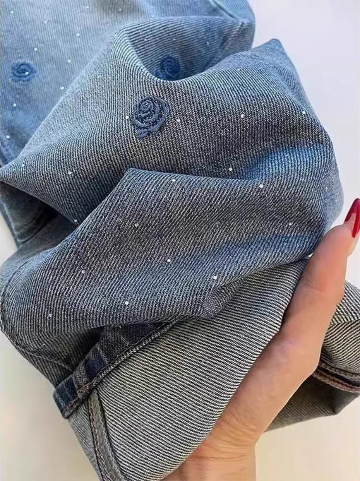 Quần jeans nữ ống rộng lưng cao dài chạm đất thêu đính đá pha lê chất denim co giãn — Màu xanh chín điểm, quần xanh