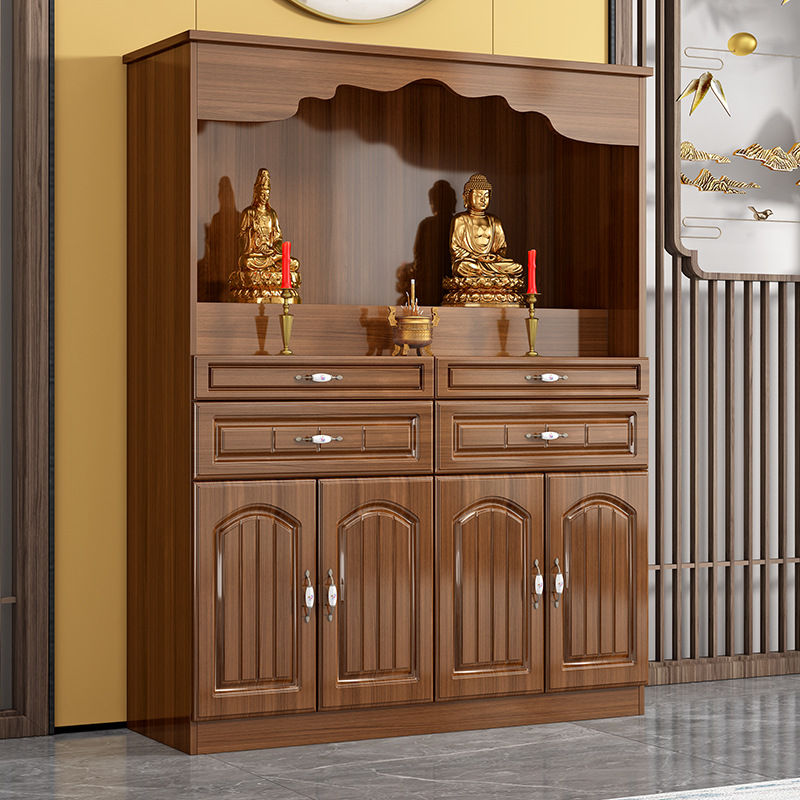 Buddhist Altar Cabinet for Home Use in the Living Room, Featuring Guanyin, Guan Gong, and Buddha Statues
