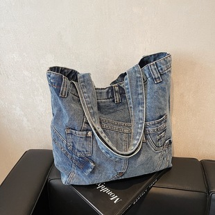 Fashionable denim capacious one-shoulder bag, Korean style, trend of season