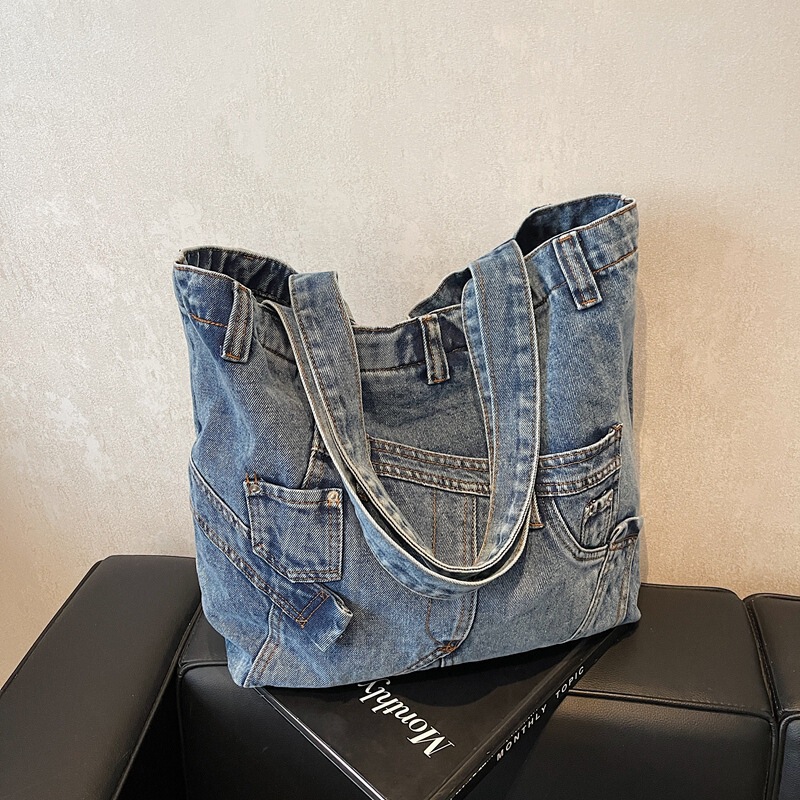 Korean Style Large-Capacity Casual Handbag 2025 Spring New Fashion Washed Denim Shoulder Bag Personalized Women's Bag