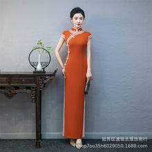 走秀旗袍演出服2025新款年轻款纯色礼服修身优雅免烫主持礼仪裙夏