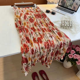跨境2026新款法式浪漫风碎花百褶半身裙女高腰显瘦飘逸大摆中长裙