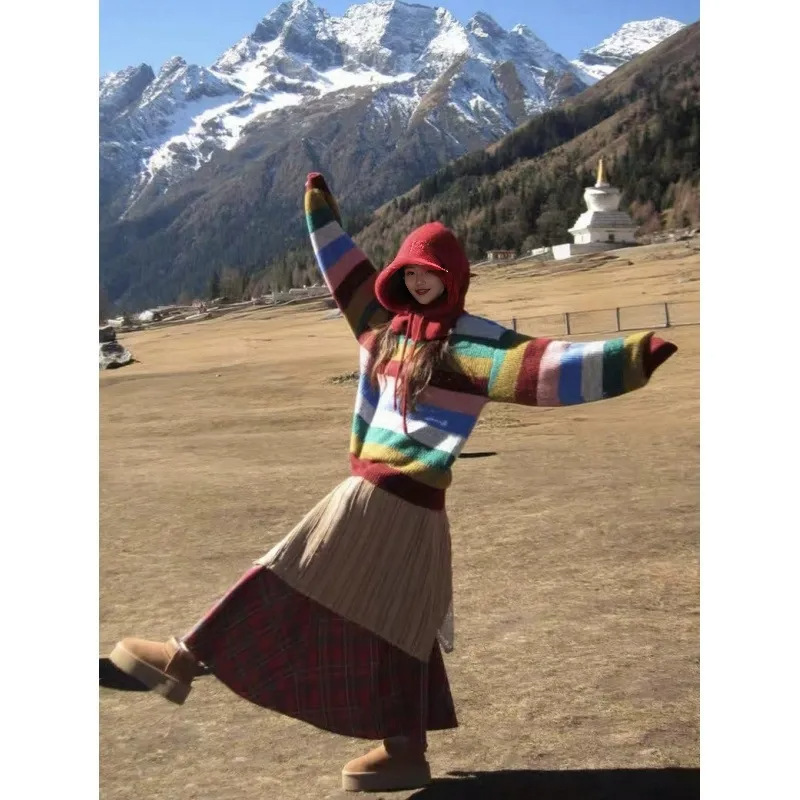 High-End Dopamine Fair Isle Round Neck Contrasting Rainbow Stripesd Knitwear Women's Autumn New Loose Knitted Knitwear Top High-End Dopamine Fair Isle Round Neck Contrasting Rainbow Stripesd Knitwear Women's Autumn New Loose Knitted Knitwear Top