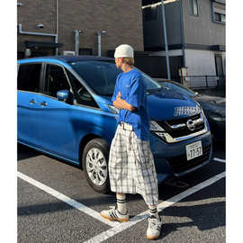 夏季格纹简约通勤廓形七分裤男女中性风中裤宽松百搭休闲阔腿短裤