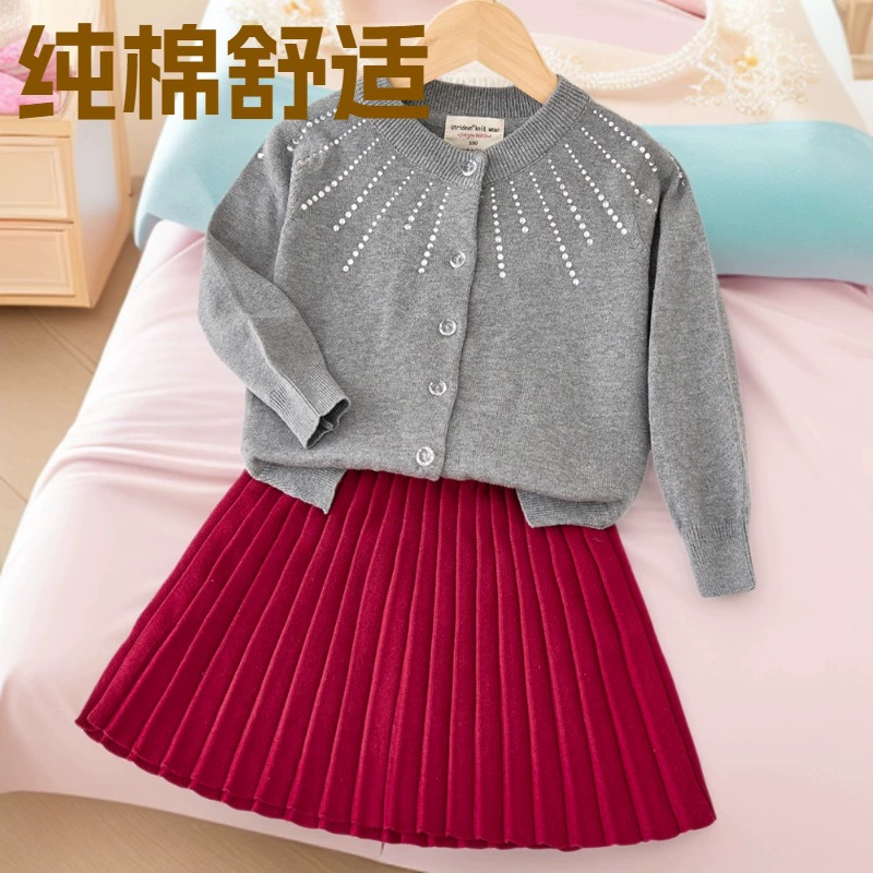 2026跨境春秋新款中小儿童毛衣外套纯棉手工烫钻女童针织开衫批发