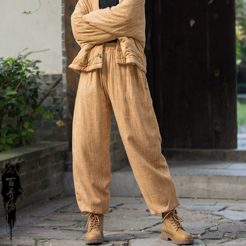 Новые зимние брюки-фонари из высококачественного льна с эффектом потертости, утепленные, на хлопковой подкладке, теплые женские длинные брюки