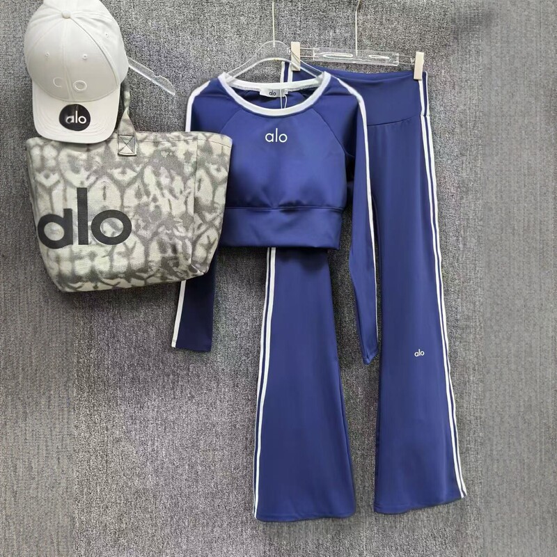2025 New Alo Sports Casual Suit for Women, Long-Sleeved Short Top + High-Waisted Flared Pants, Fashionable Two-Piece Set 2025 New Alo Sports Casual Suit for Women, Long-Sleeved Short Top + High-Waisted Flared Pants, Fashionable Two-Piece Set